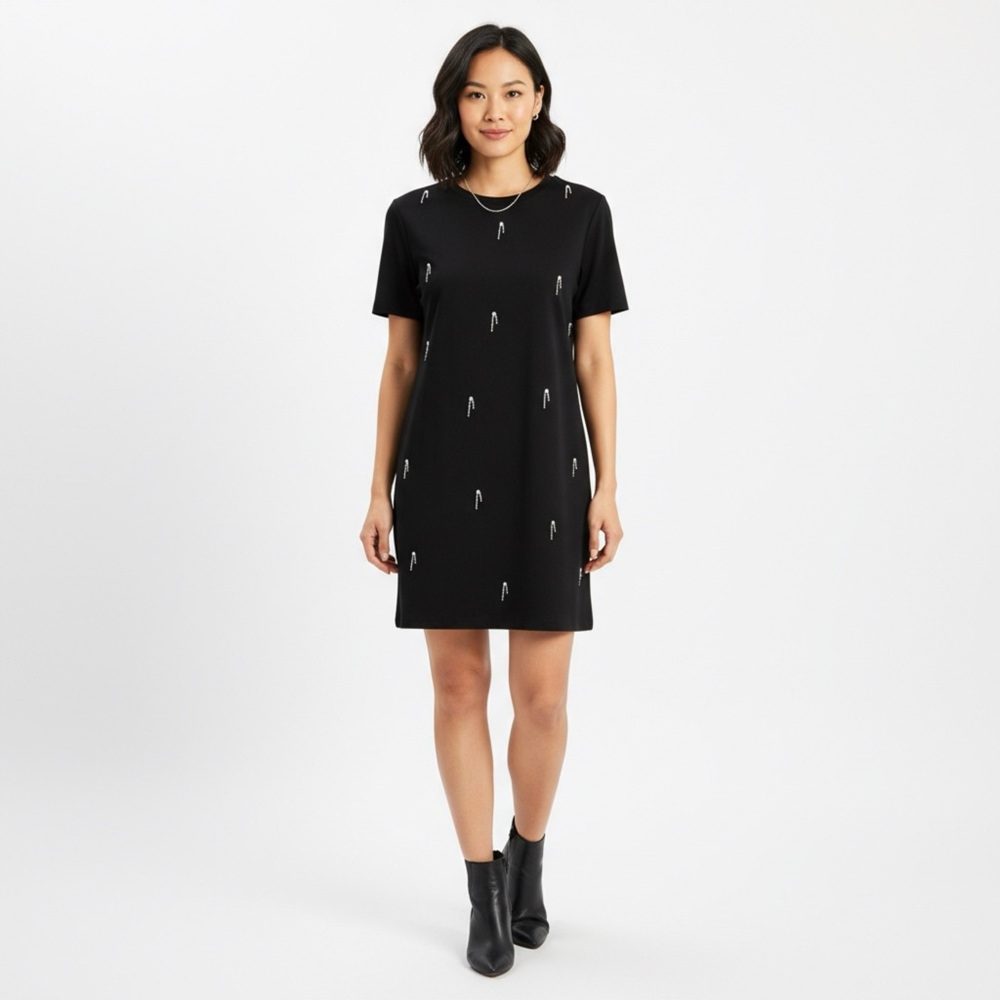 Zara Black Short Sleeve suede textured Dress with Rhinestone Embellishments